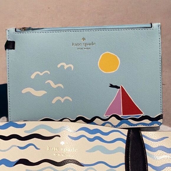 KATE SPADE SET SAIL LARGE LEATHER TOTE BAG BEACH SUMMER WITH COSMETIC WRISTLET - Picture 4 of 8